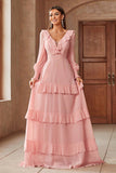 Pink Chiffon V-neck Long Sleeves A-Line Tiered Wedding Guest Dress