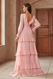 Pink Chiffon V-neck Long Sleeves A-Line Tiered Wedding Guest Dress