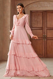 Pink Chiffon V-neck Long Sleeves A-Line Tiered Wedding Guest Dress