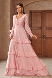 Pink Chiffon V-neck Long Sleeves A-Line Tiered Wedding Guest Dress