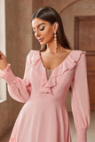 Pink Chiffon V-neck Long Sleeves A-Line Tiered Wedding Guest Dress