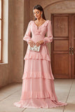 Pink Chiffon V-neck Long Sleeves A-Line Tiered Wedding Guest Dress