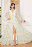 Light Green Long Sleeves Floral Print A Line V Neck Prom Dress with Slit