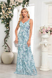 Blue Floral Sheath V-Neck Long Prom Dress