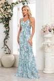 Blue Floral Sheath V-Neck Long Prom Dress