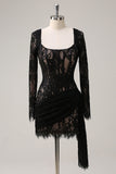 Black Long Sleeves Mini Bodycon Lace Party Dress