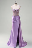 Purple Corset Beaded Applique Mermaid Satin Watteau Train Prom Dress