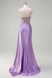 Purple Corset Beaded Applique Mermaid Satin Watteau Train Prom Dress