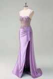 Purple Corset Beaded Applique Mermaid Satin Watteau Train Prom Dress