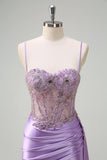 Purple Corset Beaded Applique Mermaid Satin Watteau Train Prom Dress