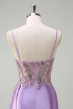 Purple Corset Beaded Applique Mermaid Satin Watteau Train Prom Dress