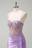 Purple Corset Beaded Applique Mermaid Satin Watteau Train Prom Dress