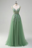 Green Applique Corset Tulle A-Line Sweep Train Prom Dress