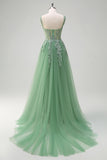 Green Applique Corset Tulle A-Line Sweep Train Prom Dress