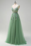 Green Applique Corset Tulle A-Line Sweep Train Prom Dress