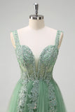 Green Applique Corset Tulle A-Line Sweep Train Prom Dress