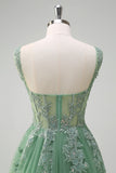 Green Applique Corset Tulle A-Line Sweep Train Prom Dress