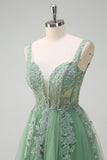 Green Applique Corset Tulle A-Line Sweep Train Prom Dress