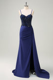 Navy Spaghetti Straps Beaded Satin Mermaid Prom Dress with Side Cape