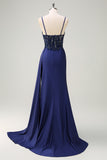 Navy Spaghetti Straps Beaded Satin Mermaid Prom Dress with Side Cape