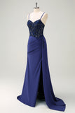 Navy Spaghetti Straps Beaded Satin Mermaid Prom Dress with Side Cape