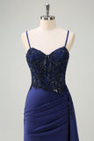 Navy Spaghetti Straps Beaded Satin Mermaid Prom Dress with Side Cape