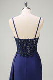 Navy Spaghetti Straps Beaded Satin Mermaid Prom Dress with Side Cape