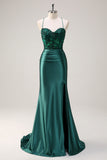 Dark Green Corset Applique Mermaid Satin Prom Dress with Slit