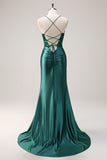 Dark Green Corset Applique Mermaid Satin Prom Dress with Slit