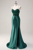 Dark Green Corset Applique Mermaid Satin Prom Dress with Slit