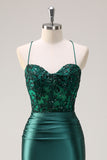 Dark Green Corset Applique Mermaid Satin Prom Dress with Slit