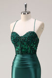 Dark Green Corset Applique Mermaid Satin Prom Dress with Slit