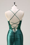 Dark Green Corset Applique Mermaid Satin Prom Dress with Slit