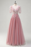 Blush V-Neck Short Sleeves Tulle A-Line Prom Dress with Sequins