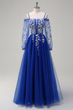 Royal Blue Cold Shoulder Applique A-Line Tulle Prom Dress with Sequins