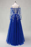 Royal Blue Cold Shoulder Applique A-Line Tulle Prom Dress with Sequins