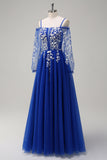 Royal Blue Cold Shoulder Applique A-Line Tulle Prom Dress with Sequins