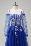 Royal Blue Cold Shoulder Applique A-Line Tulle Prom Dress with Sequins