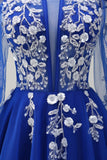 Royal Blue Cold Shoulder Applique A-Line Tulle Prom Dress with Sequins