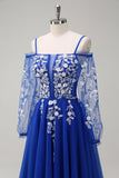 Royal Blue Cold Shoulder Applique A-Line Tulle Prom Dress with Sequins