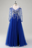 Royal Blue V-Neck Applique A-Line Tulle Prom Dress with Slit