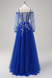 Royal Blue V-Neck Applique A-Line Tulle Prom Dress with Slit