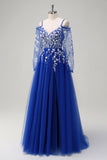 Royal Blue V-Neck Applique A-Line Tulle Prom Dress with Slit