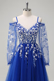 Royal Blue V-Neck Applique A-Line Tulle Prom Dress with Slit