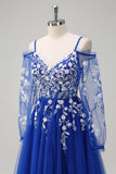 Royal Blue V-Neck Applique A-Line Tulle Prom Dress with Slit