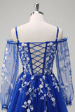 Royal Blue V-Neck Applique A-Line Tulle Prom Dress with Slit