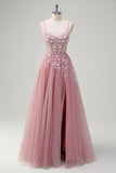 Blush Corset Sequins Tulle A-Line Prom Dress with Slit