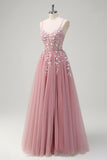 Blush Corset Sequins Tulle A-Line Prom Dress with Slit