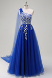 Royal Blue One Shoulder Applique Watteau Train Tulle Prom Dress