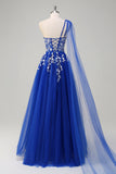 Royal Blue One Shoulder Applique Watteau Train Tulle Prom Dress